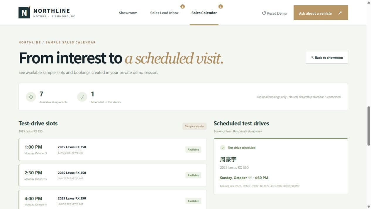 ASTERHOP demo Sales Calendar with sample test-drive slots and a fictional booking